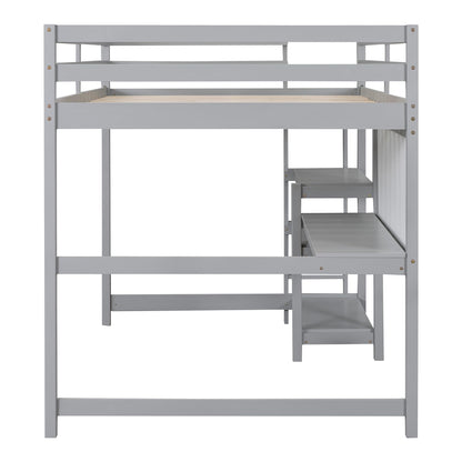 Harper & Bright Designs Full Size Gray Loft Bed with Integrated Desk, Bookshelf, and Writing Board - WoodArtSupply