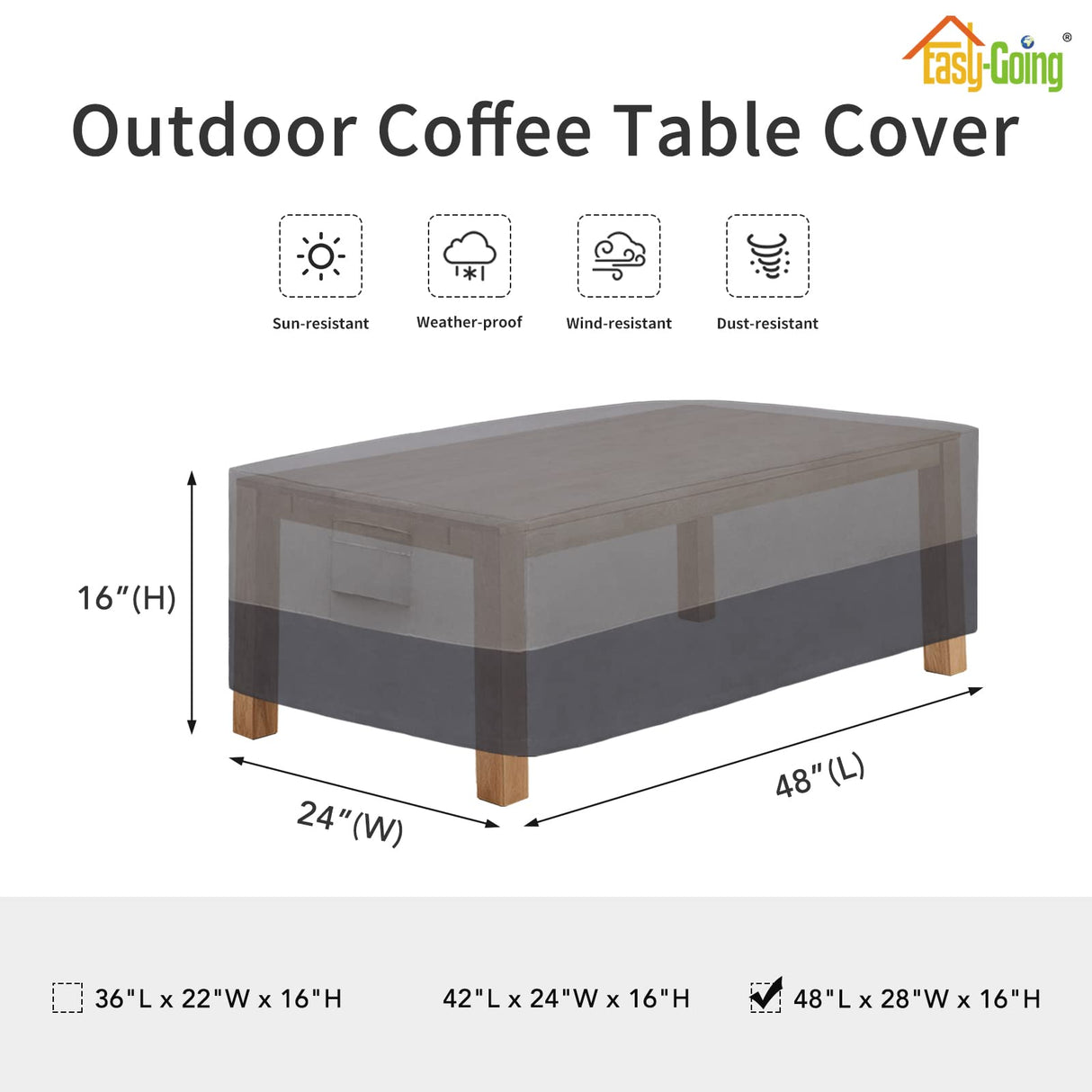 Easy-Going Patio Coffee Table Cover Small Outdoor Rectangular Table Cover, UV Resistant Waterproof Patio Furniture Cover (48" Lx28 Wx16 H, Gray/Dark Gray) Easy-Going