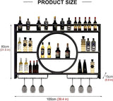 OMKUOSYA Wall Mounted Wine Rack, Metal 3-Tier Large Capacity Hanging Bar Shelves with Glass Holder, Round Wine Bottle Storage Display Shelf for Kitchen, Living Room, Home (Black, 39.4in/100cm) OMKUOSYA