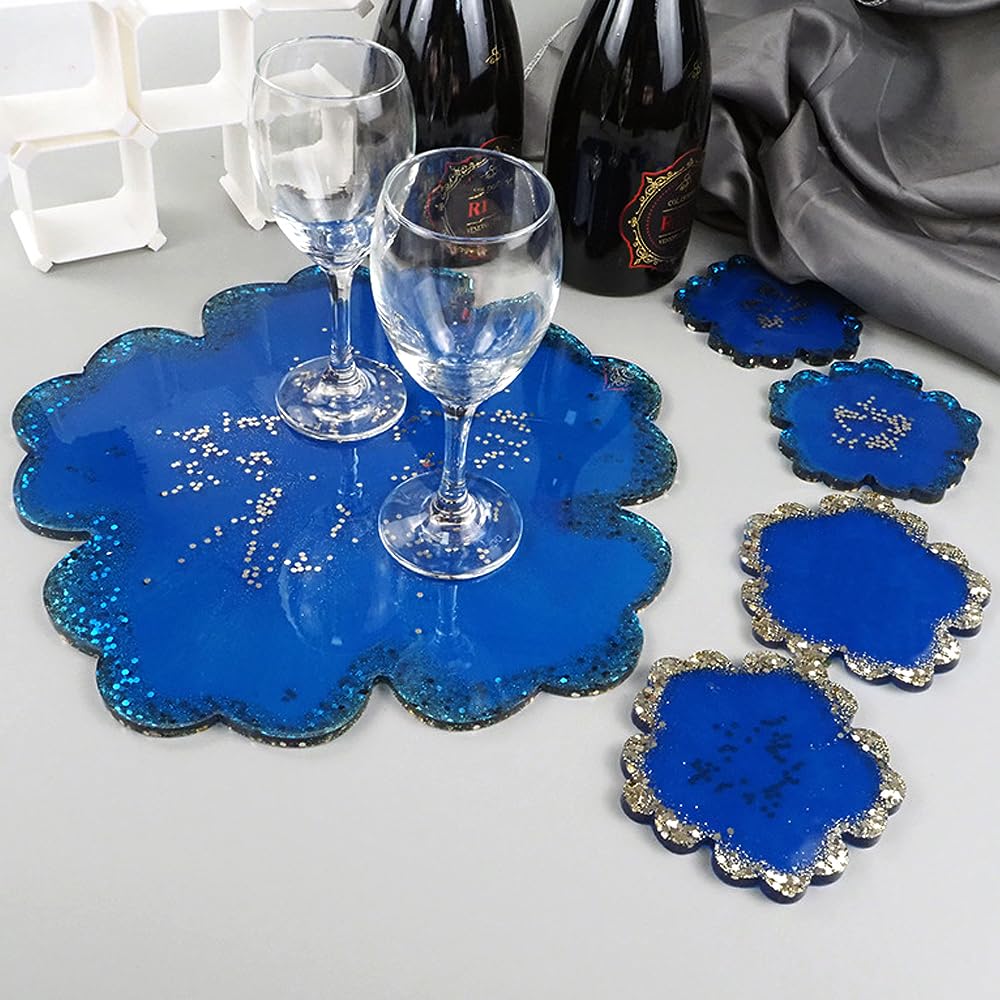 RESINWORLD Resin Tray Coaster Mold Set, 1Pc 13'' Large Floral Tray Mold + 4 Pack 4'' Flower Geode Coaster Silicone Molds (No Designs on Mold) ResinWorld