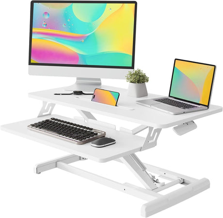 JOY worker Standing Desk Converter, 32" Wide Height Adjustable Sit Stand Up Desk Riser with Keyboard Tray, Desktop Workstation Riser for Home Office Computer Laptop, Particle Board, White JOY worker