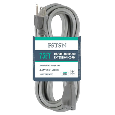FSTSN 75 Ft Indoor Outdoor Extension Cord - 16/3 SJTW Durable Waterproof Extension Cable with 3 Prong Grounded Plug, Grey