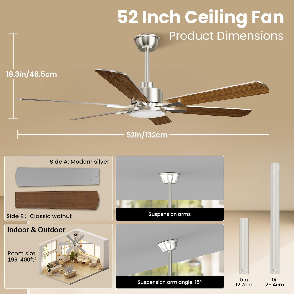 Hisummer 52 inch Modern Ceiling Fan with Light and Remote, Large Farmhouse Ceiling Fan with Lights, Silver White Ceiling Fan with Light for Bedroom Living Room Kitchen Garage, 6 Blade, 6 Speeds Hisummer