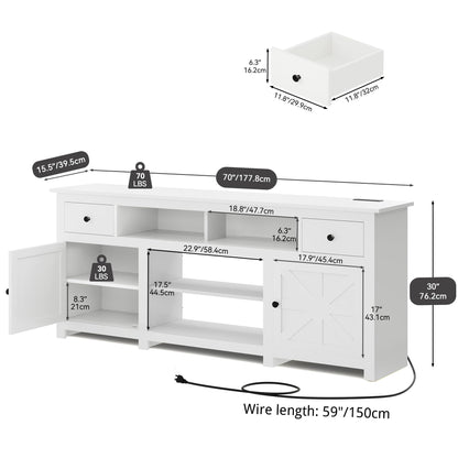 YITAHOME Farmhouse TV Stand, Entertainment Center with Power Outlet for TVs Up to 80 Inch, TV Console with Storage Drawer & Movable Partition, Rustic TV Stand for Living Room, 70" White