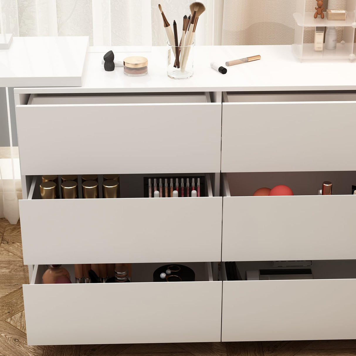 Hitow 6 Drawer Double Dresser with Makeup Vanity Desk, Deformable Wood Dresser Chest with Multifunctional Tabletop, Storage Chest of Drawers for Bedroom, White (51.2" W x 15.7" D x 31.5" H)
