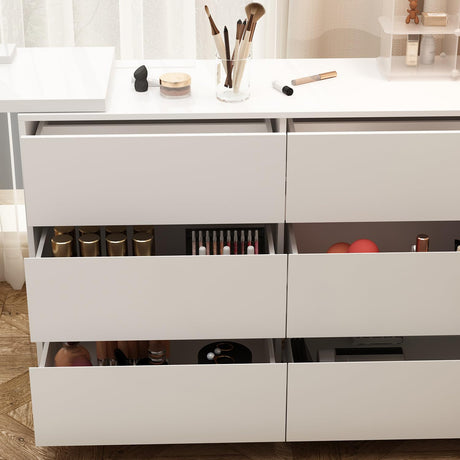 Hitow 6 Drawer Double Dresser with Makeup Vanity Desk, Deformable Wood Dresser Chest with Multifunctional Tabletop, Storage Chest of Drawers for Bedroom, White (51.2" W x 15.7" D x 31.5" H) Hitow