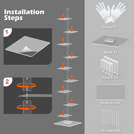 Nynelly 9 Tier Acrylic Bookshelf Invisible Bookshelf, Height Adjustable Vertical Spine Book Tower, Floor Standing Bookcase Display Shelf for Books,Decor, DIY Open Bookcase for Office, Living Room Nynelly