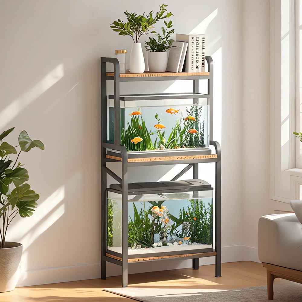 KaKaBB 5-10 Gallon Fish Tank Stand, Upgrade Heavy Duty Aquarium Stand with 3-tier Storage Shelf Fits Turtle Tank, Reptile Tank (BLACK) KaKaBB