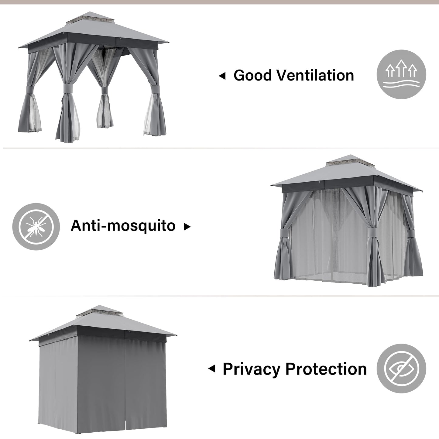 LAUSAINT HOME Outdoor Patio Gazebo 8'x8' with Expansion Bolts, Heavy Duty Gazebos Shelter Party Tent with Double Roofs, Mosquito Nettings and Privacy Screens for Backyard, Garden, Lawn, Smoke Grey