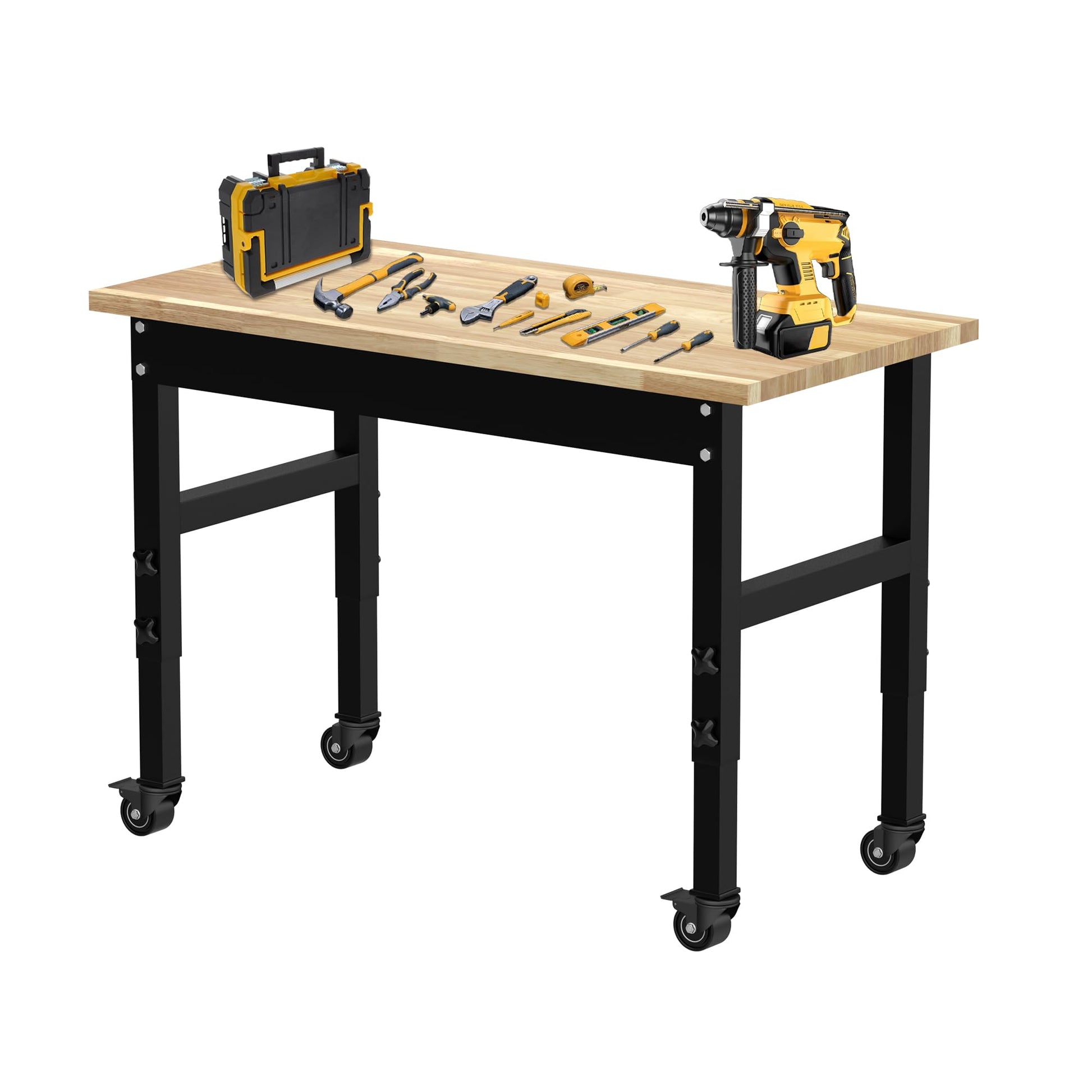 MISHAO 48" Adjustable Workbench for Garage, Rubber Wood Top Table Heavy-Duty Workstation w/Wheels, 2000 LBS Load Capacity Hardwood Worktable for Workshop, Office, Home - WoodArtSupply