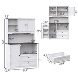Kitchen Pantry Storage Cabinet,Freestanding Buffet Cabinet with Wine Glass Holder and 2 drawers,Food Pantry with Doors and Shelves,Tall Kitchen Hutch with Microwave Stand for Kitchens(White+Black) Gyfimoie