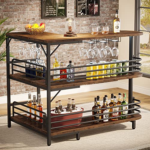 Tribesigns Rustic Brown L-Shaped Home Bar Unit with 3 Tiers and Wine Glass Holder - WoodArtSupply