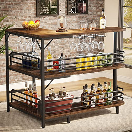 Tribesigns Rustic Brown L-Shaped Home Bar Unit with 3 Tiers and Wine Glass Holder Tribesigns