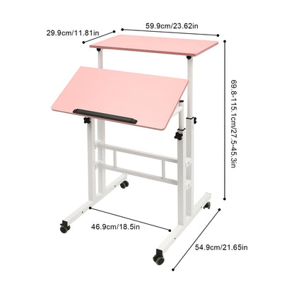 YUYANSHOP 24" Mobile Stand Desk, Small Lift Table Adjustable Standing Desk with Wheels Storage Home Office Workstation, Portable Rolling Desk Laptop Cart for Standing&Sitting (24", Pink)