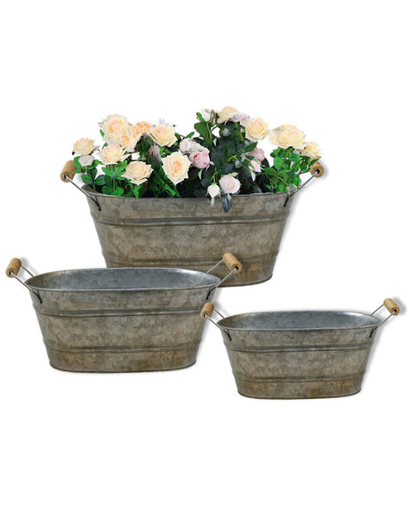 vensovo Galvanized Metal Oval Planter Buckets with Handles – Set of 3 Rustic Farmhouse Flower Tubs with Drain Holes & Plugs, Vintage Small Pots for Herbs, Succulents, Wedding or Tabletop Decor vensovo