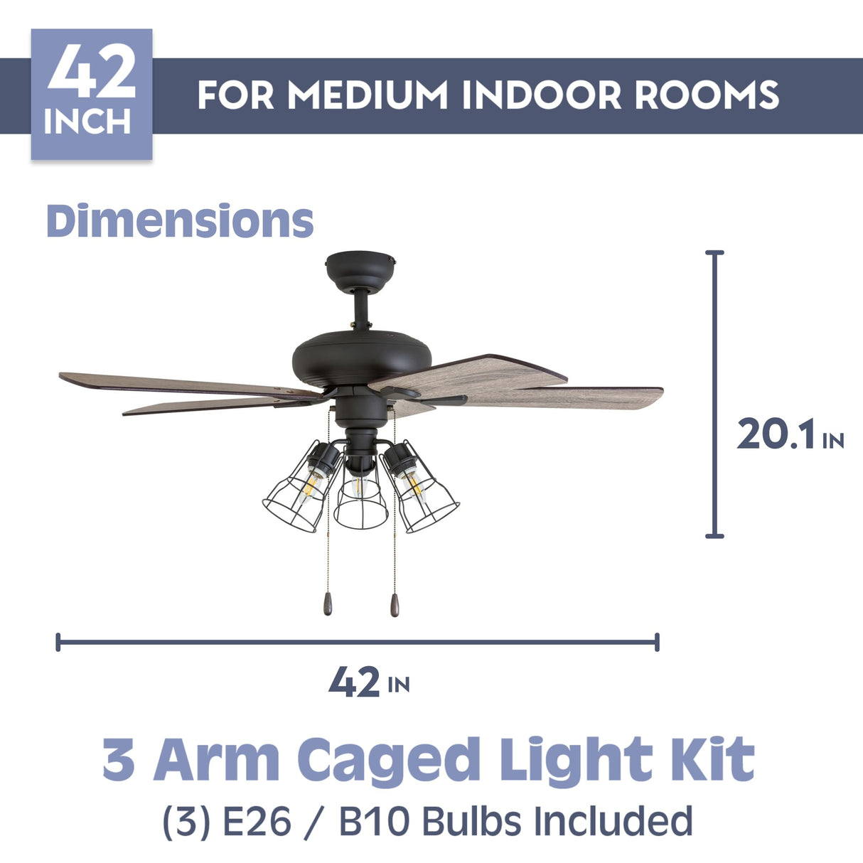 Prominence Home Madison County, 42 Inch Industrial Style LED Ceiling Fan with Light, Pull Chain, Three Mounting Options, Modern Dual Finish Blades, Reversible Motor - 50588-01 ( Bronze) Prominence Home
