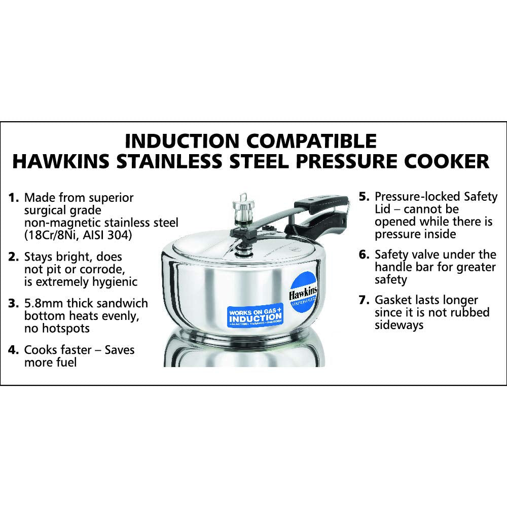 Hawkins 3 Litre Inner Lid Pressure Cooker, Stainless Steel Cooker, Wide Design Pan Cooker, Induction Cooker, Silver (HSS3W) HAWKINS