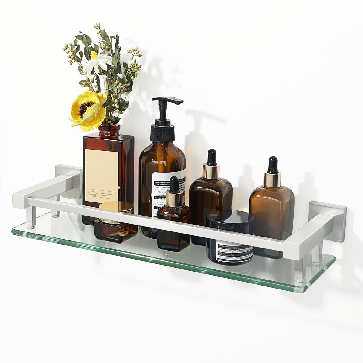 Alise Bathroom Glass Shelf with Stainless Steel Railing, Brushed Nickel Small Tempered Glass Floating Wall Shelf Over The Toilet, 16 inch Alise