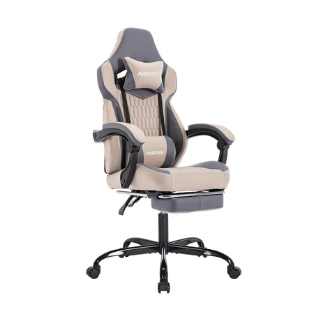 Gaming Chair,Ergonomic Computer Chair,Racing Style Gaming Chair with Massage Waist Pillow and Headrest, Height Adjustable PVC Leather Video Gaming Chair for Office/Home, Beige NIONIK