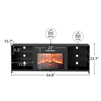 SunsGrove Fireplace TV Stand with Electric Fireplace Insert, 65" Wide Modern Entertainment Center with LED Light & Storage, Wood TV Stand for TVs Up to 70", Living Room/Bedroom, Black - WoodArtSupply