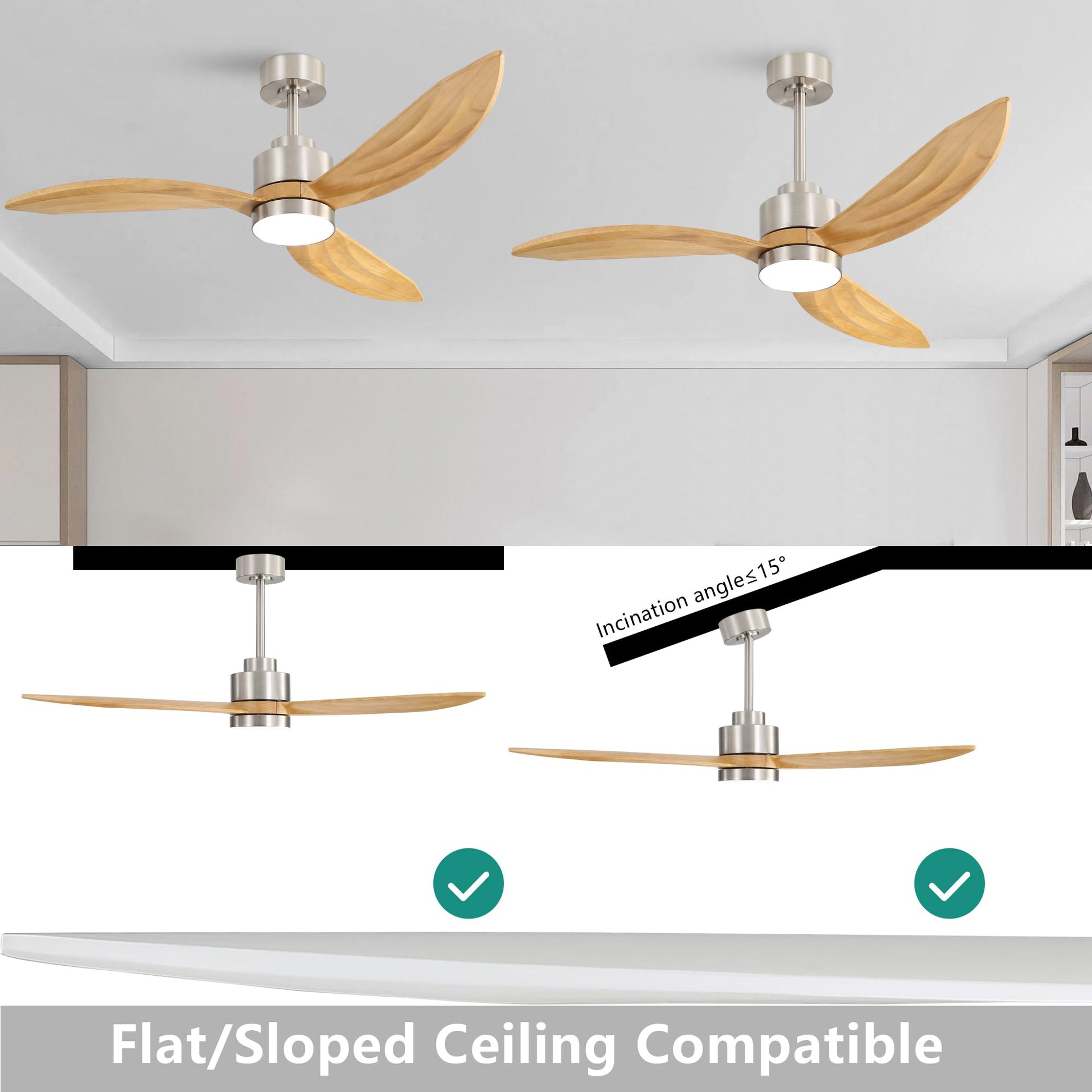 ELEHINSER 52" Wood Ceiling Fan with Lights and Remote Control, 3 Blades 6-Speed Dimmable Light Reversible DC Motor Ceiling fan for Kitchen Bedroom Dining Living Room, Wood Blades with Nickel - WoodArtSupply