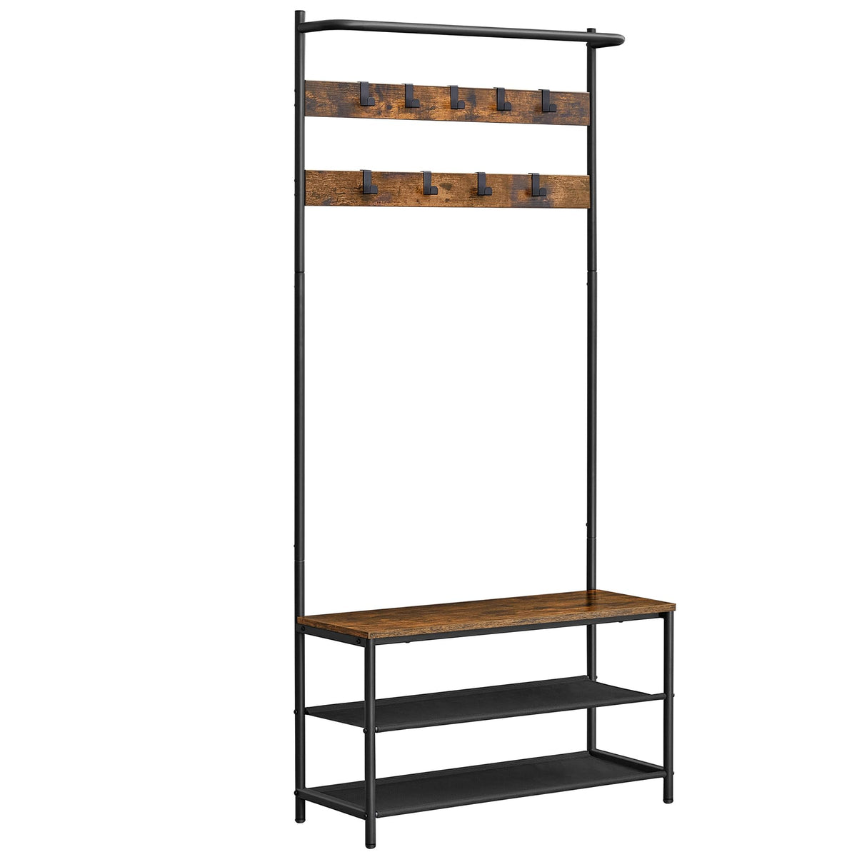VASAGLE Hall Tree with Bench and Shoe Storage, Entryway Bench with Coat Rack Stand and Shoe Rack, 9 Movable Hooks, Top Bar, Fabric Shelves, Industrial, Rustic Brown and Black UHSR421B01 VASAGLE