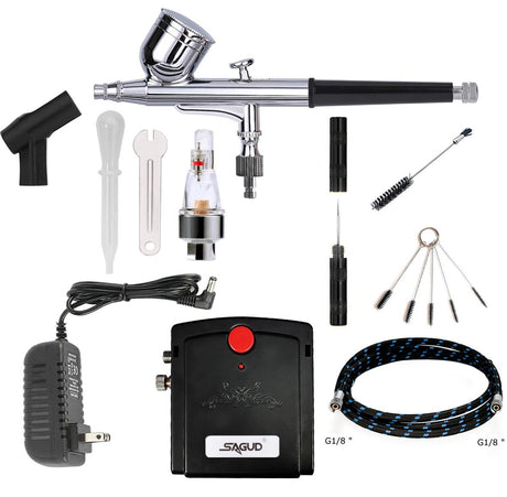 SAGUD Professional Mini Airbrush Kit with Portable Compressor - Perfect for Painting, Hobby, Craft, Model - Dual-Action Gravity Feed Air Brush Gun with Airbrush Cleaning Kit SAGUD