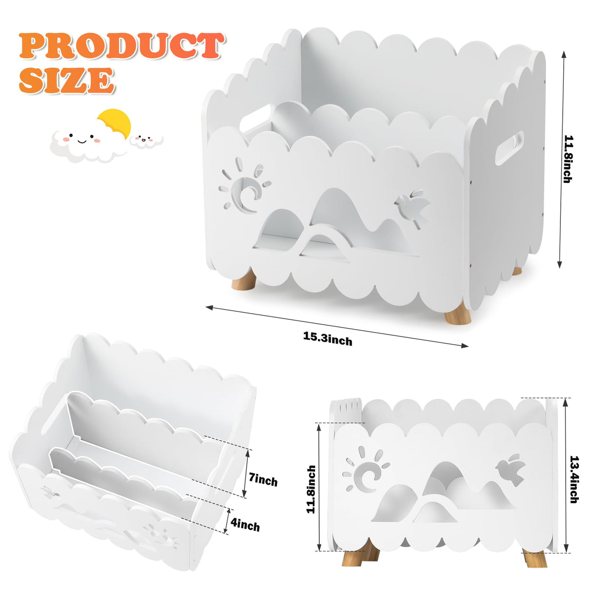 Calmbee Wooden Kids Bookshelf with 2 Adjustable Dividers, Montessori Bookshelf with Animal Carvings for Nursey Room Classroom Playroom, Toy Storage Oragnzier, for Your Baby´s Bedroom, White Calmbee