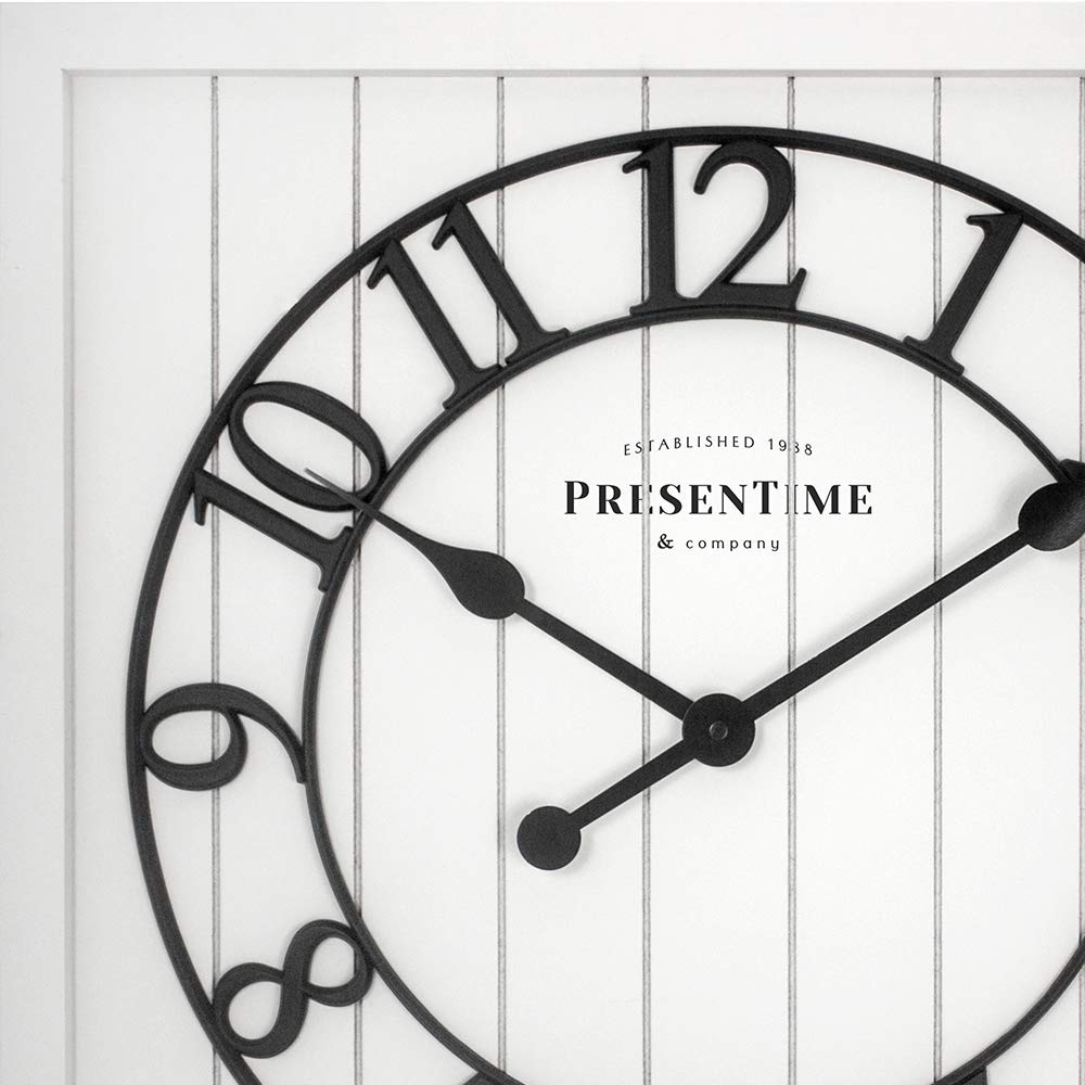Presentime & Co 21" Farmhouse Square Shiplap Barn Door Wood Clock - White, Arabic Numeral. Home Decoration/Wall Decoration/Farmhouse Décor for Living Room, Dining Room, and Entryway. Presentime