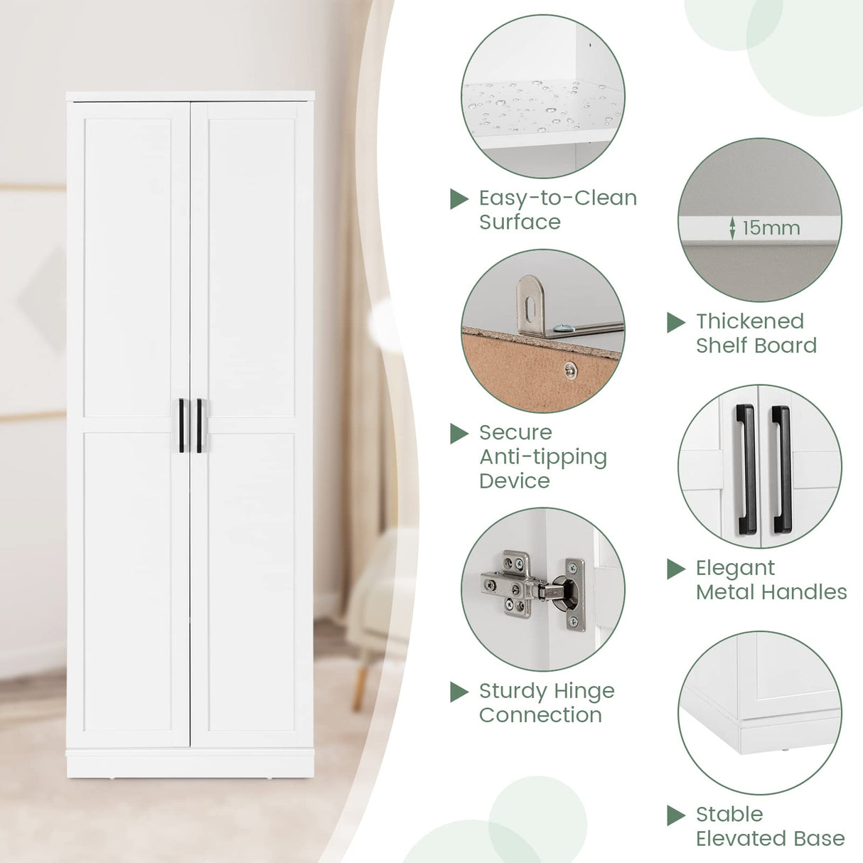 70" Tall White Modern Pantry Cabinet with Adjustable Shelves and Anti-Tip Safety Features LOKO