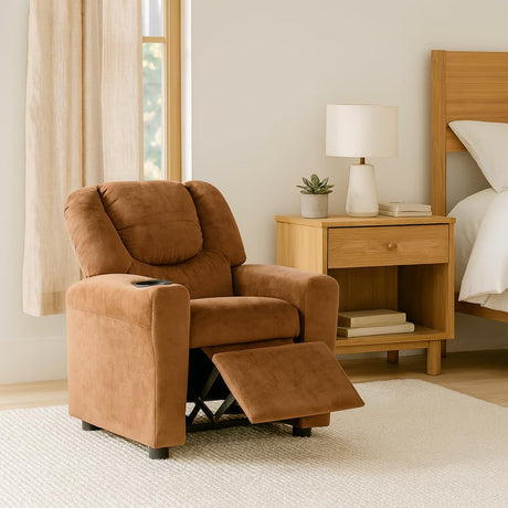 Naomi Home Suri Kids Recliner Chair with Cup Holder & Footrest, Brown Microfiber - Cozy Lounge for Toddlers & Children Naomi Home