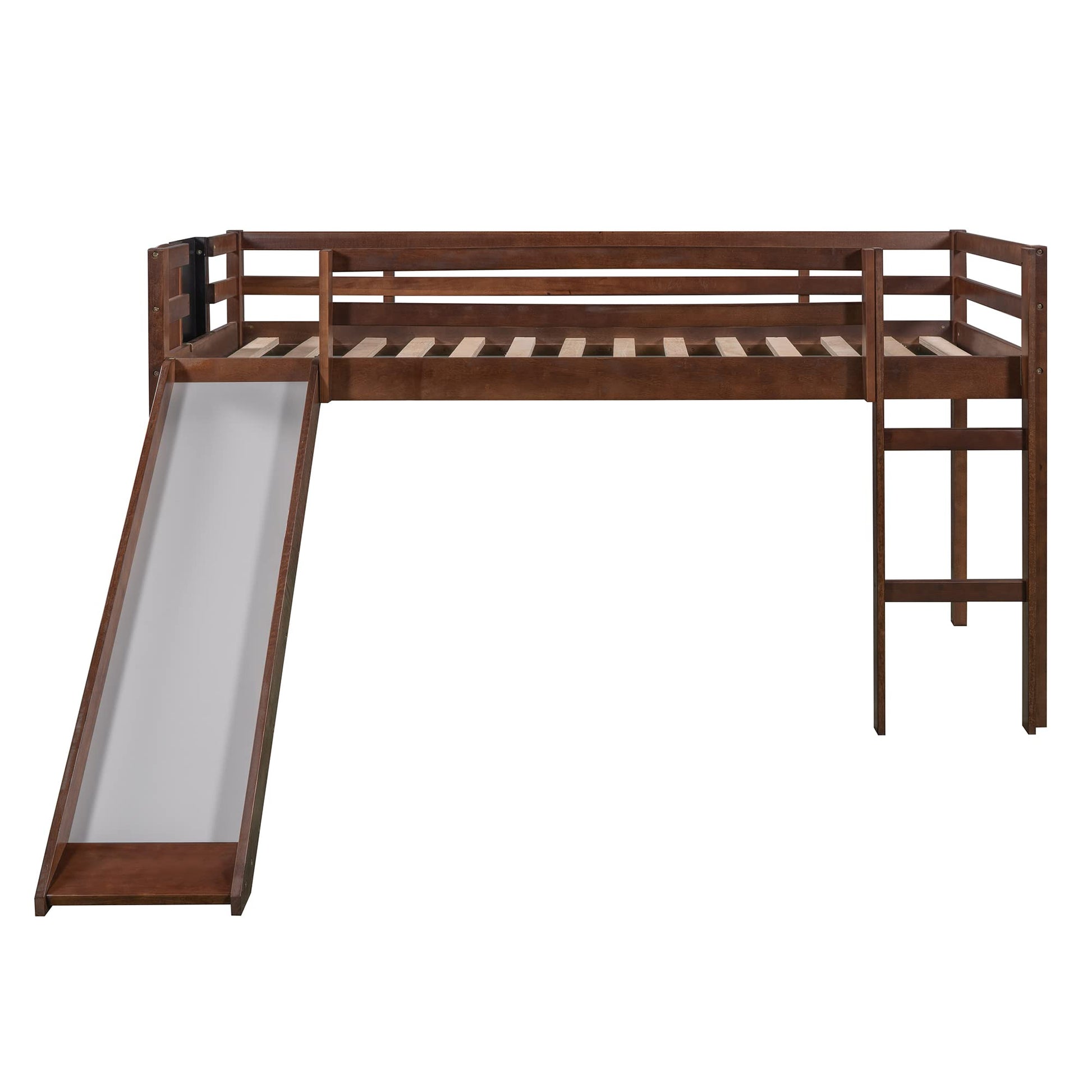 LostCat Walnut Twin Loft Bed with Slide, Stairs, and Chalkboard for Kids - WoodArtSupply