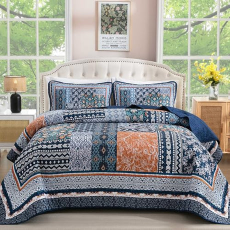 WONGS BEDDING Navy Blue Quilt Set King Size,Bohemian Patchwork Bedspread Coverlet Set, Reversible Farmhouse Floral Pattern Bedspreads Bedding Set for All Seasons (104"x90") WONGS BEDDING