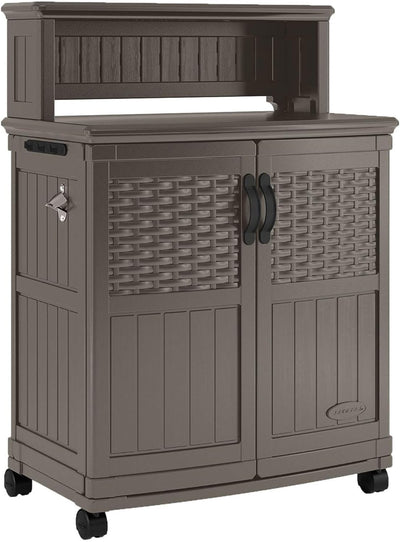 Suncast Patio Plastic Storage and Prep Station with Decorative Wicker Pattern and Multi Wall Panels for Patio, Garden, and Lawn Use, Stoney Gray