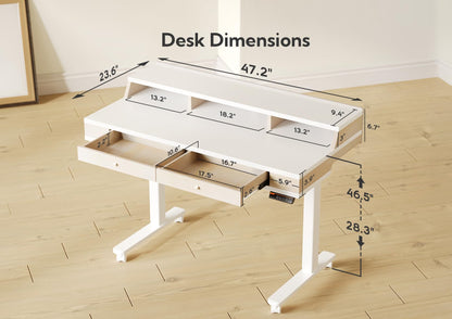 Claiks Standing Desk with Drawers, Electric Adjustable Standing Desk Adjustable Height, Sit Stand Up Desk with Storage Shelves & Wheels, 48 Inch White - WoodArtSupply