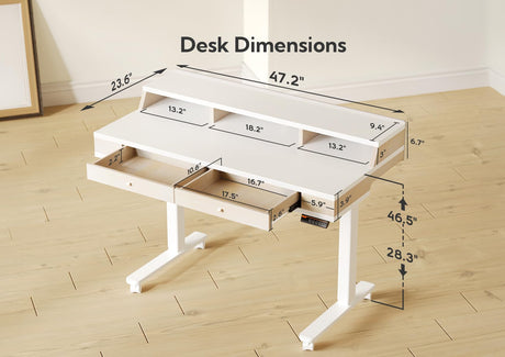 Claiks Standing Desk with Drawers, Electric Adjustable Standing Desk Adjustable Height, Sit Stand Up Desk with Storage Shelves & Wheels, 48 Inch White Claiks