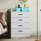 Gyfimoie 4 Drawers Dresser with Power Outlet, Chest of Drawers with LED Light, White Dresser Organizer with Open Storage Cubby, Modern Nightshatnd for Bedroom, Living Room, Entryway, Hallway Gyfimoie