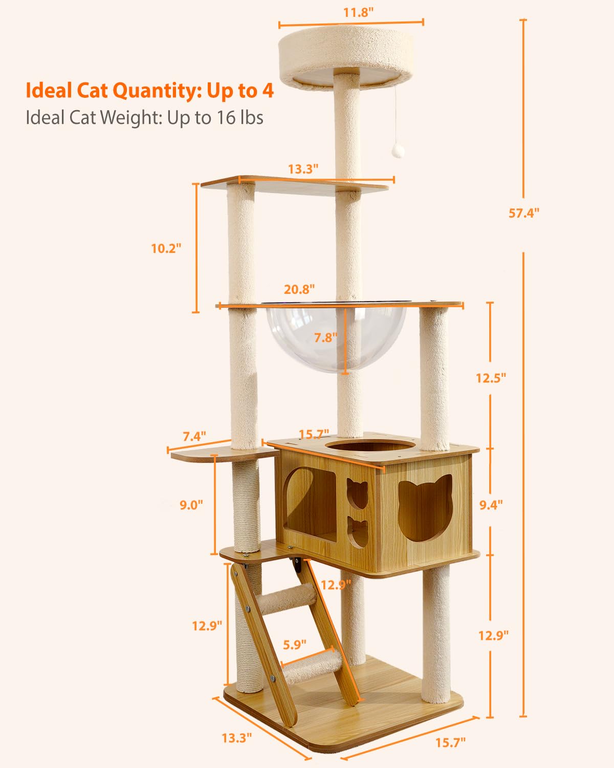 Yueyuesmart Modern Cat Tree with Acrylic Dome, 56 Inches Wooden Cat Tree No Carpet, Multi-Level Wood Cat Tower with Large Cat Condo, Round Top Perch, Scratching Post yuyuesmart