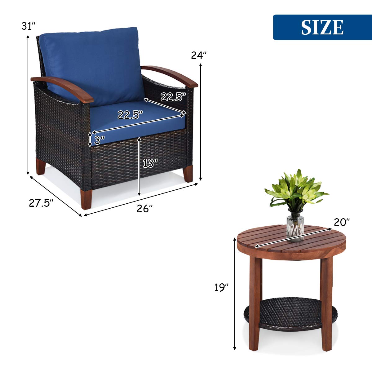 Tangkula 3 Pieces Patio Furniture Set, Outdoor Rattan Sofa and Side Table w/Solid Acacia Wood Frame, High Load Bearing Conversation Bistro Set w/Washable and Removable Cushions (Navy Blue) Tangkula