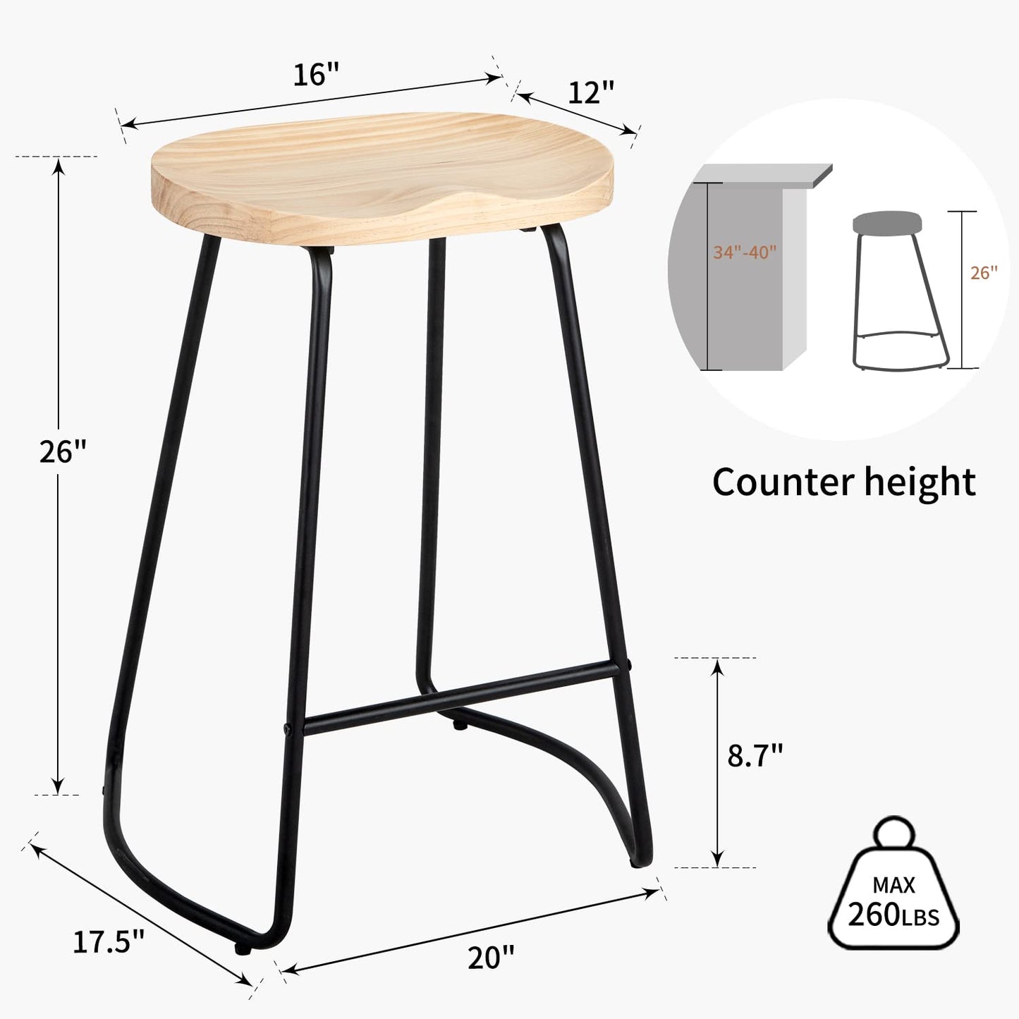 HeuGah Counter Height Bar Stools Set of 3, Solid Wood Bar Stool for Kitchen Island 26" Barstool with Metal Leg Rustic Backless Saddle Seat Stools