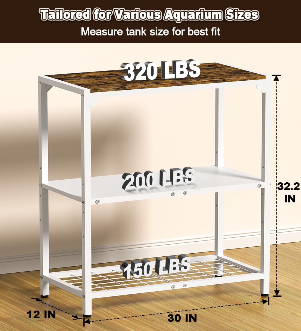 AnBaiMei 20-30 Gallon Aquarium Stand, Fish Tank Stand with Adjustable 3-Tier Storage Shelf, Heavy Duty Reptile Breeder Turtle Tank Terrarium Rack Table for Home Office, 30" L x 12" W x 32.2" H, White AnBaiMei