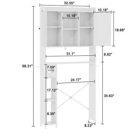 EasyCom Over The Toilet Storage Cabinet with Metal Frame and 7 Storage Shelves, Bathroom Organizer with Adjustable Shelves, Paper Holder and Racks, Farmhouse Storage Cabinet for Laundry, White EasyCom