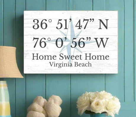 GPS Sign Personalized Location Custom Coordinates Beach House or Lake Home Address Latitude Longitude Wall Art Decor - Solid Wood - 16.5" x 10.5" (Compass GPS Sign) Broad Bay