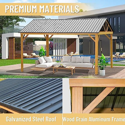 Domi 12' x 14' Hardtop Gazebo with Galvanized Steel Gable Roof, Pergola with Wood-looking Aluminum Frame, Permanent Pavilion Outdoor Gazebo with Ceiling Hook for Deck Patio Lawn Yard Backyard Grill