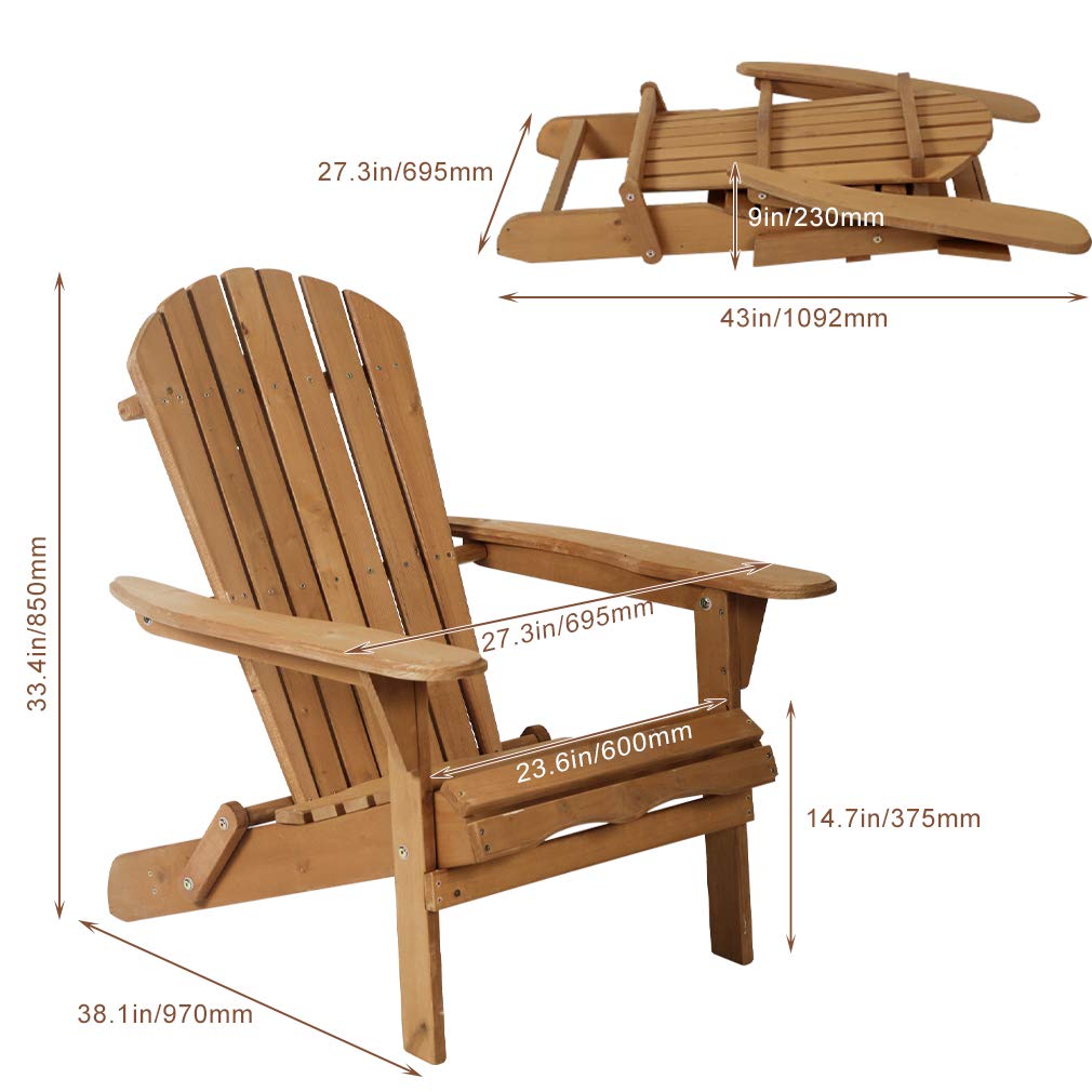 Adirondack Chair Outdoor Chairs Patio Chairs Lawn Chair Folding Adirondack Chair Patio Seating Fire Pit Chairs Wood Chairs for Adults Yard Garden w/Natural Finish FDW
