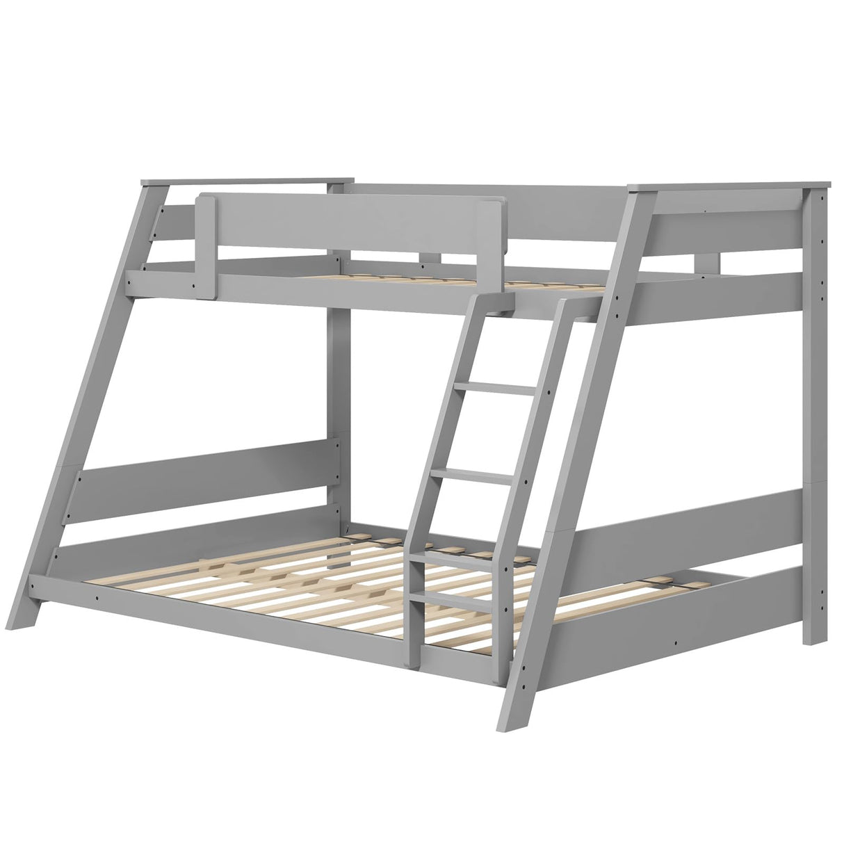 KOMFOTT Wood Twin Over Full Bunk Bed with Reversible Ladder, Wood Bunk Bed Frame with Slats Support & Safety Guardrails, Low Convertible Bunk Bed for Teens, Adults, No Box Spring Needed (Grey) KOMFOTT