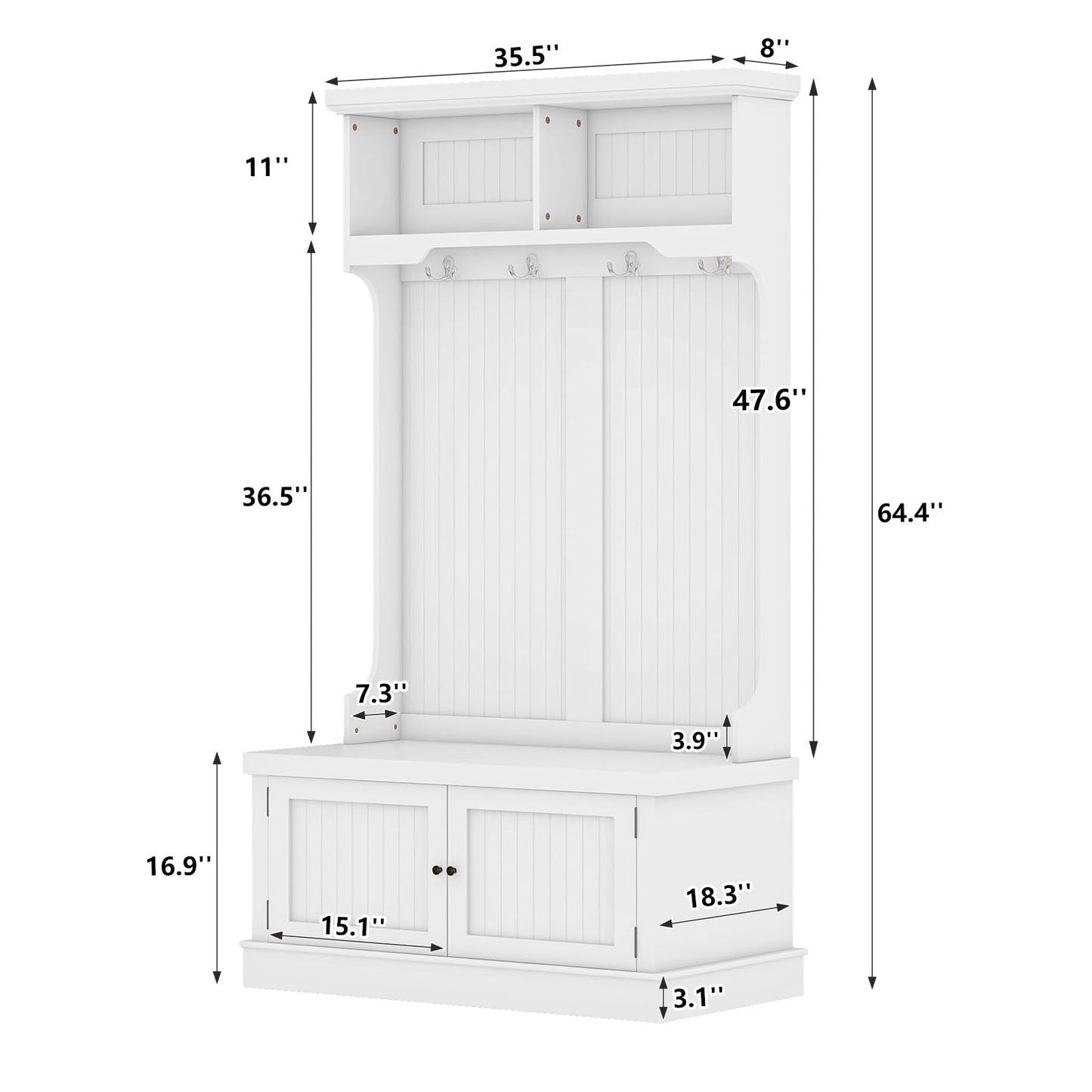 VERYKE Hall Tree with Coat Rack and Shoe Storage,Entryway Storage Bench with Hooks and Display Shelves,4-in-1 Modern Hall Tree with Solid Base for Living Room,Mudroom,White