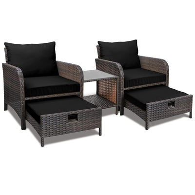 LEVELEVE Balcony Furniture 5 Piece Patio Conversation Set, PE Wicker Rattan Outdoor Lounge Chairs with Soft Cushions 2 Ottoman&Glass Table for Porch, Lawn-Brown Wicker