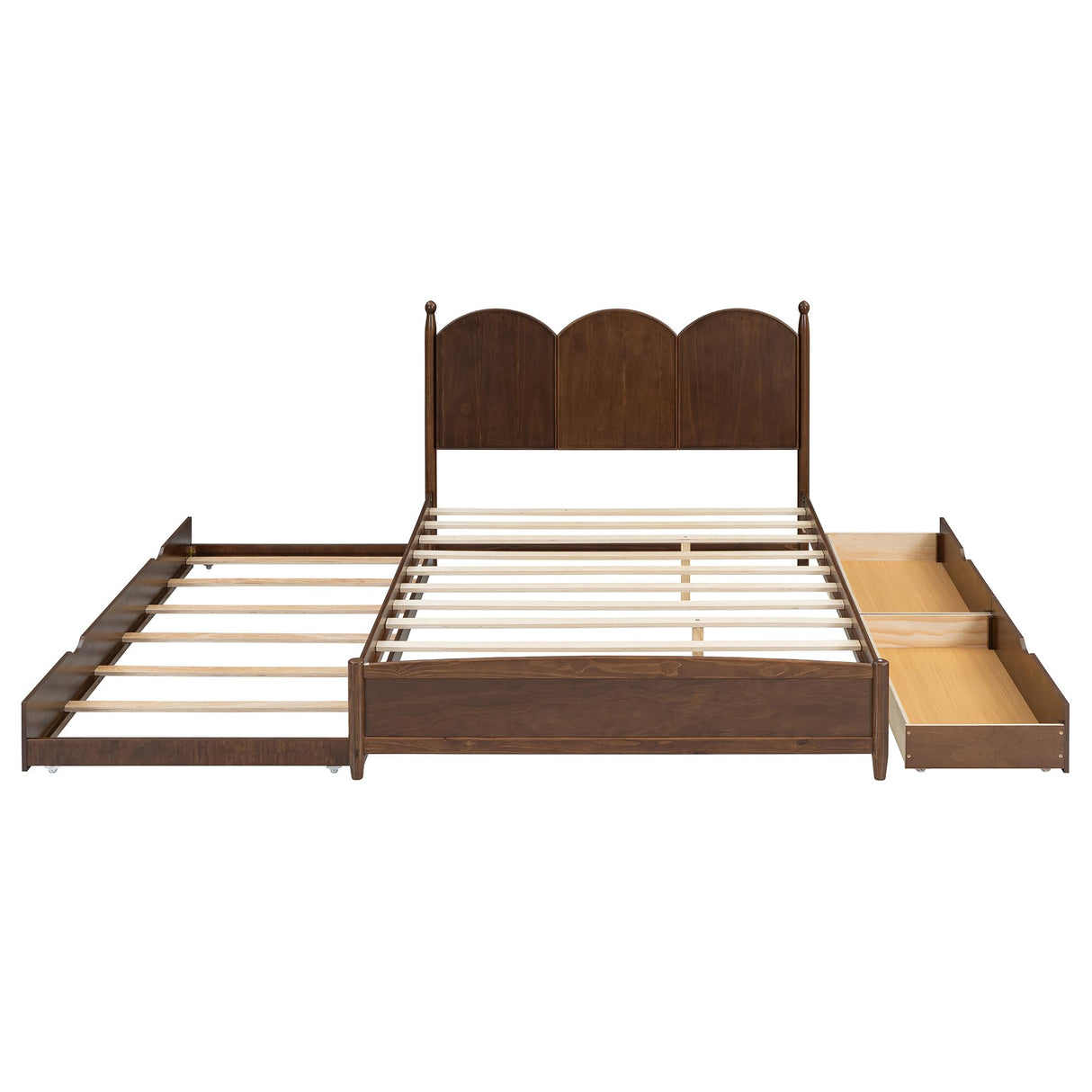 Merax Queen Size Platform Bed with 2 Storage Drawers and Twin XL Size Trundle, Rustic Design Wooden Bed Frame, Walnut Merax