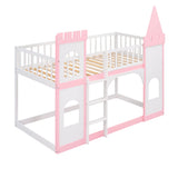 Harper & Bright Designs Twin Over Twin Kids Bunk Bed, Twin Loft Bed with Castle Shape Design, Wooden Floor Bunk Beds for Girls Boys Bedroom Dorm, Pink Harper & Bright Designs